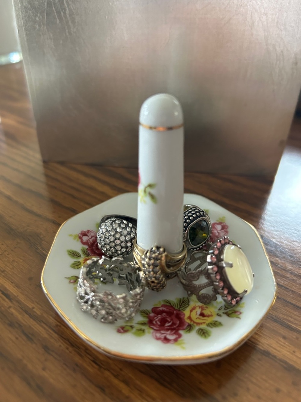 Stack of 5 Silver-Tone, 1 gold Fashion Rings with Green Gem and White Accents